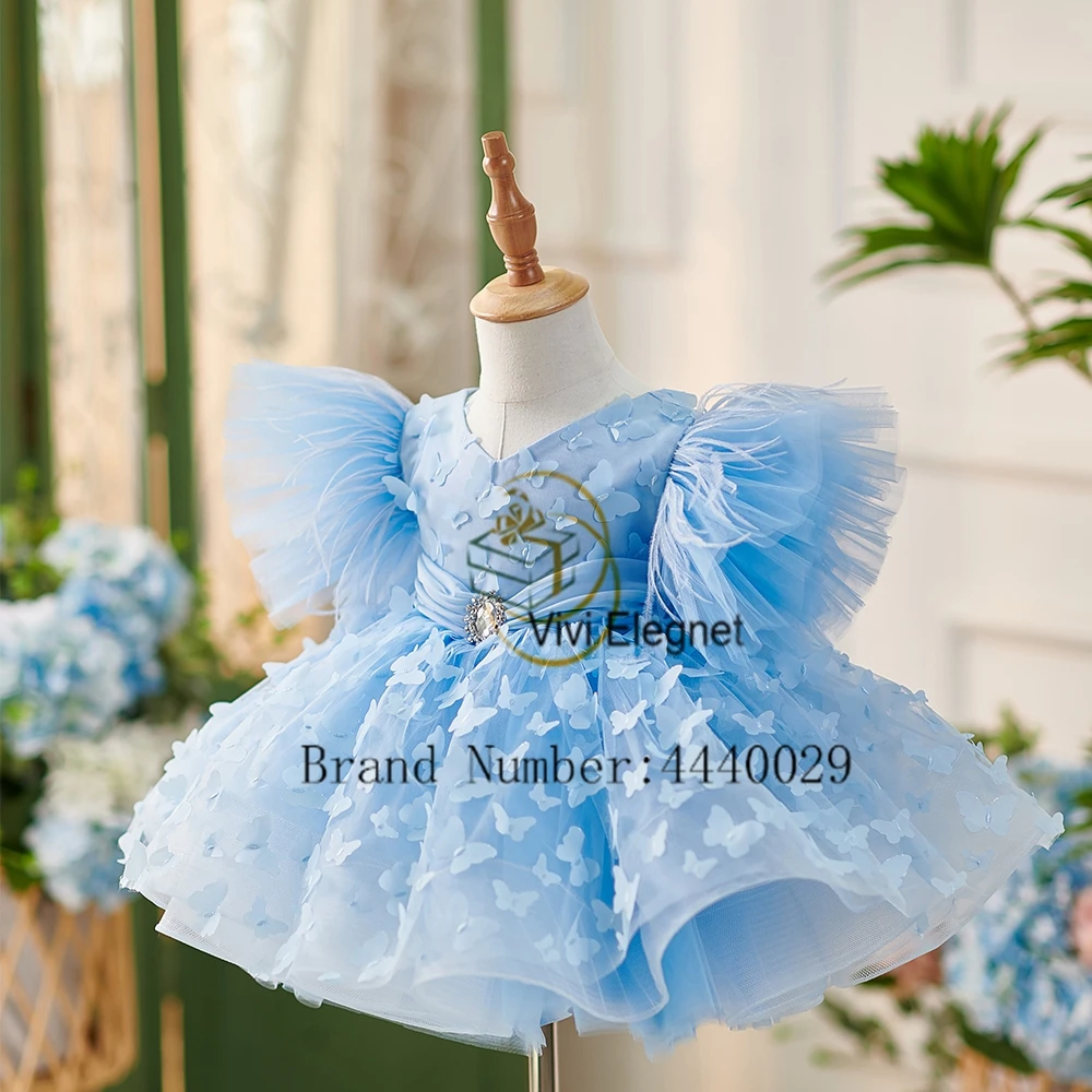 

Sky Blue Tiered Flower Girls Dresses with Feather Real Picture Sleeveless Christmas Gowns Knee Length Tutu فلور فتاة اللباس