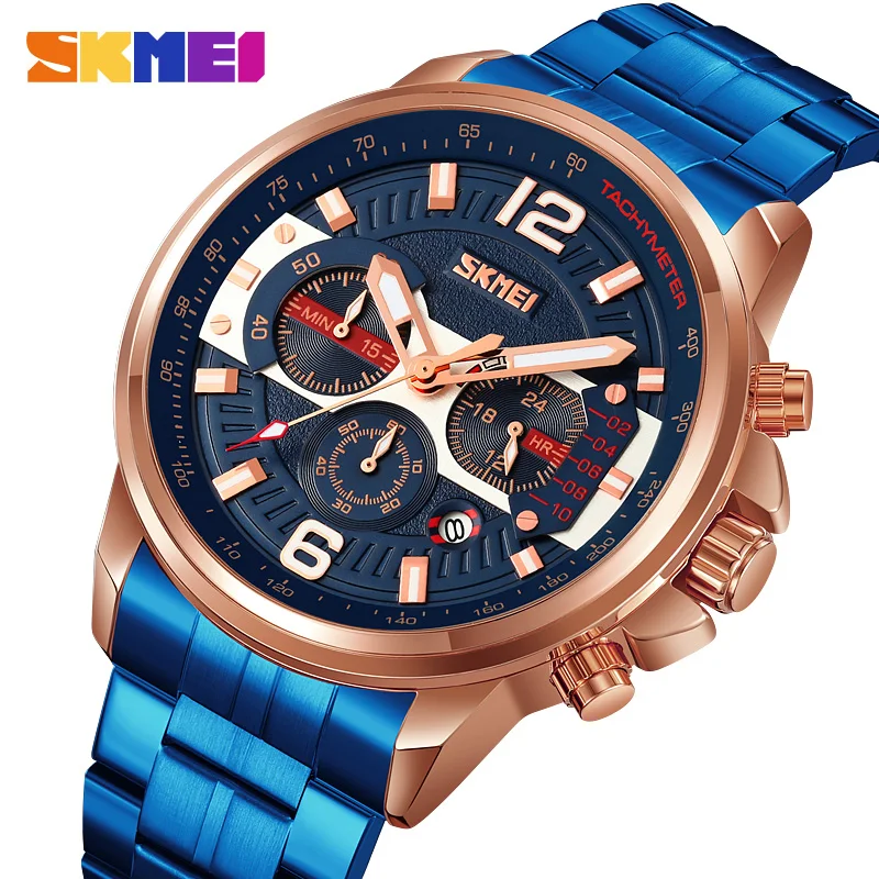 

SKMEI Men's Shiite Genuine Protection Stainless Steel Strap Large Pointer Texture Blue Black Stopwatch Chronograph 9332