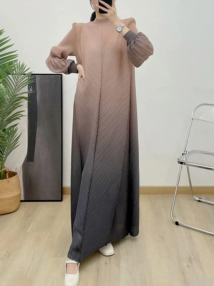

ANLAN Miyake Gradient Pleated Long Dress Fashion Lantern Sleeves Loose Elegant Party Dresses for Women 2024 Spring New 6YA7293