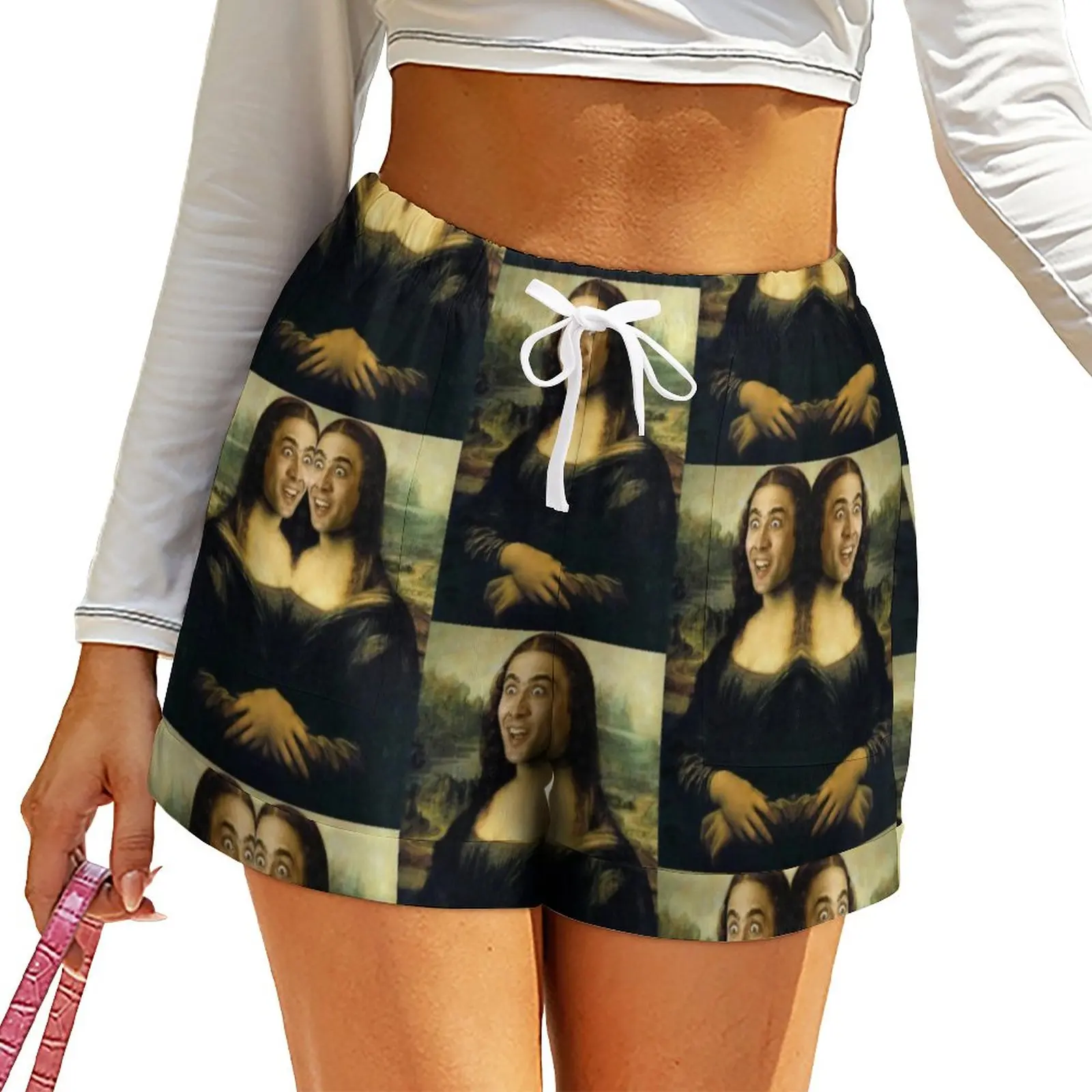 

Nicolas Cage Meme Shorts Elastic High Waist Funny Mona Lisa Pattern Shorts Summer Sport Oversize Short Pants Streetwear Bottoms
