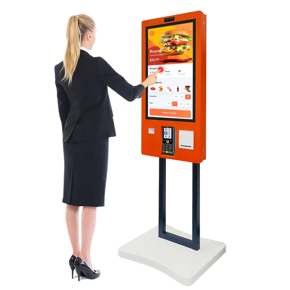 

Supermarket touch screen no cash register self service ordering kiosk in smart restaurant