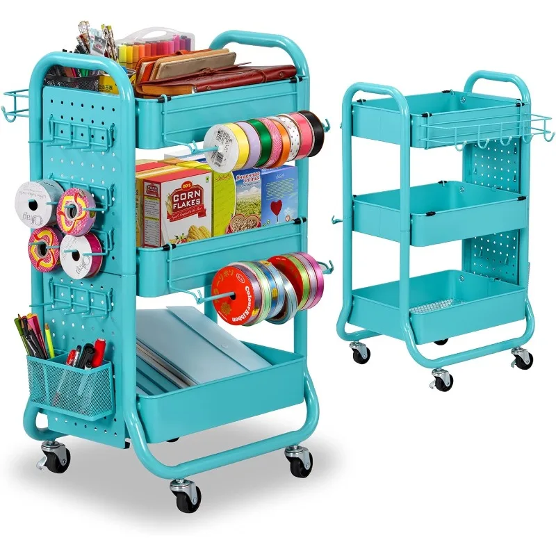 

DESIGNA 3-Tier Utility Storage Rolling Cart with Removable Pegboard & Extra Storage Baskets Hooks, Metal Craft Art Carts