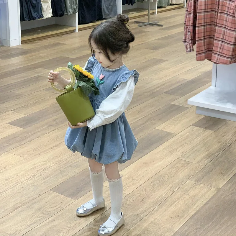 

Korean Spring Little Girl 2PCS Clothes Set Solid Long Sleeve Shirt Tulip Pattern Ruffle Denim Floral Bud Sundress Baby Girl Suit