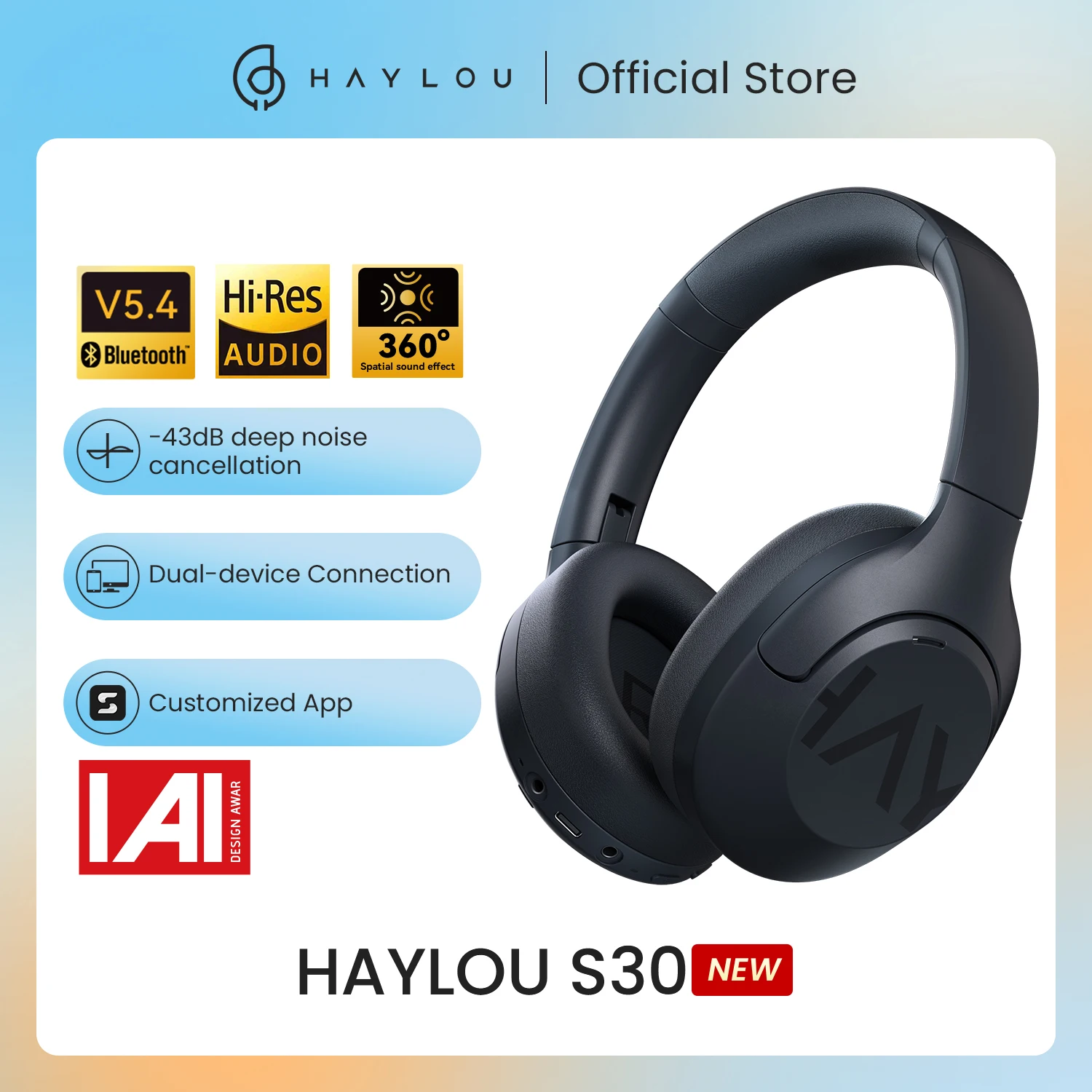 

HAYLOU S30 Wireless Bluetooth 5.4 Headphones 43dB Adaptive Noise Cancelling Headsets 40mm Driver 80H Playtime Earphones