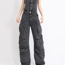 Vintage Streetwear Denim Jumpsuit Women Spring Summer New Punk Rock Style Black Strapless Slim Fit Old Washed Wide Leg Pants