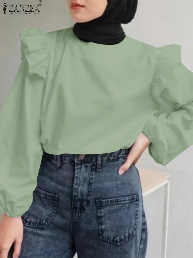 

Casual Muslim Ramadan Turkey Shirt ZANZEA Fashion Long Sleeve Flounce Blouse Women Autumn Tops Solid Work Blusa Islamic Clothing
