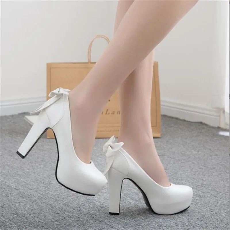 

Women Platform High Heels Shoes Women White Wedding Shoes Pointed ToeThick 12 CM Heels Fashion Bowknot Party Pumps Footwear