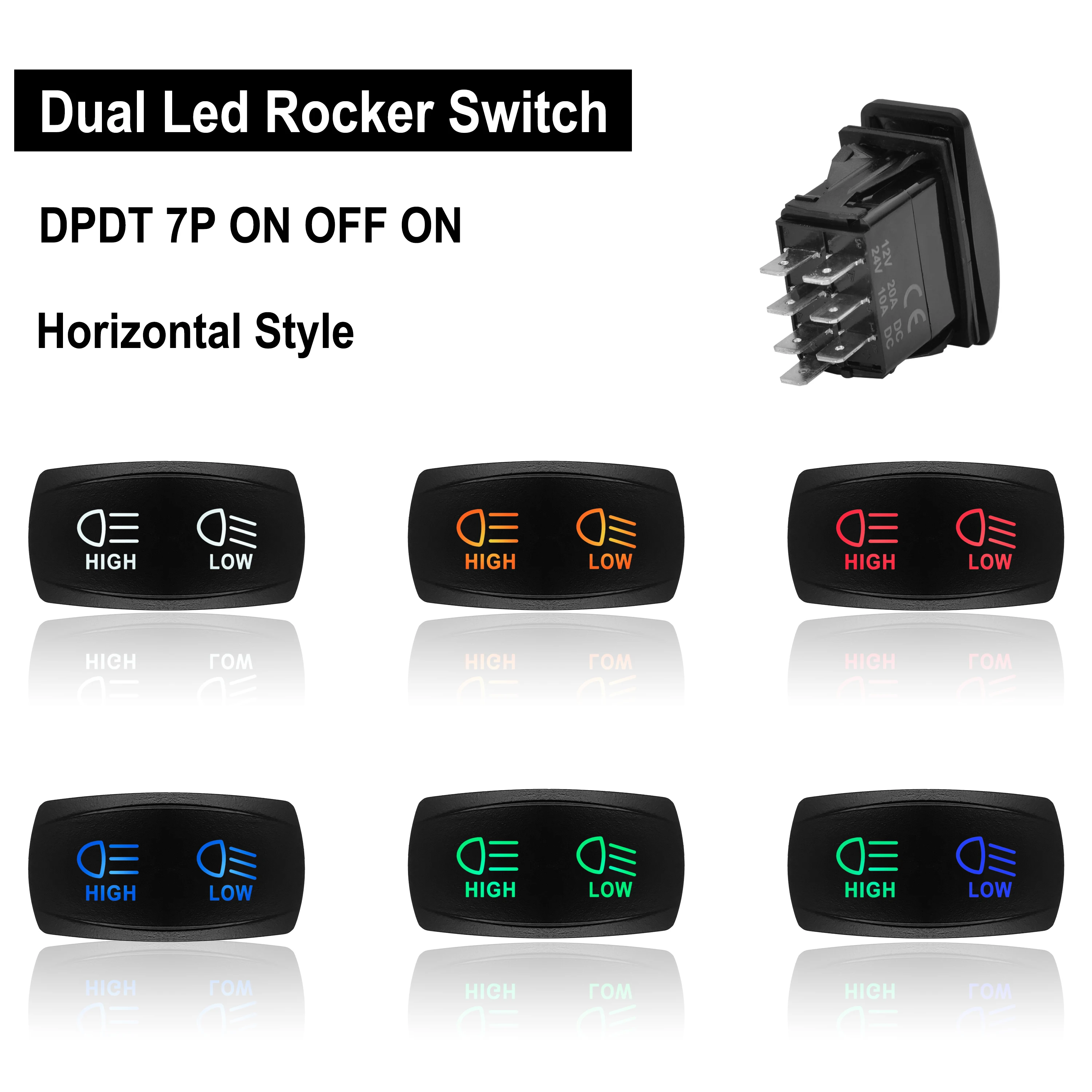 

DPDT 7P ON OFF ON Waterproof Horizontal High Low Dual Led Rocker Toggle Switch For Car Boat RV Marine ATV RZR RV Auto Truck