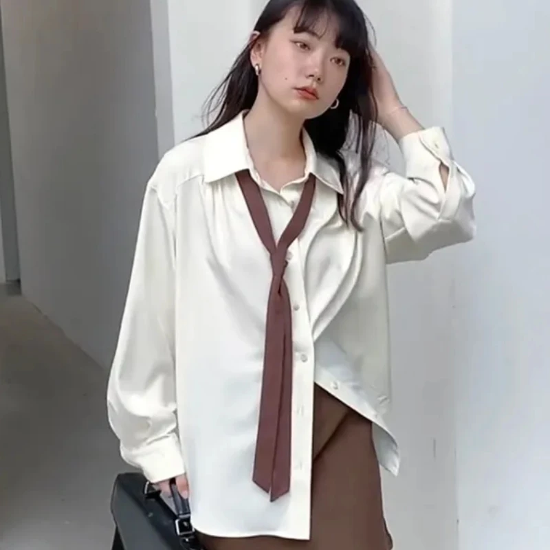 Рубашка женская оверсайз в Корейском стиле с длинным рукавом и галстуком, 22875 
Рубашка женская оверсайз в Корейском стиле с длинным рукавом и галстуком, 22875