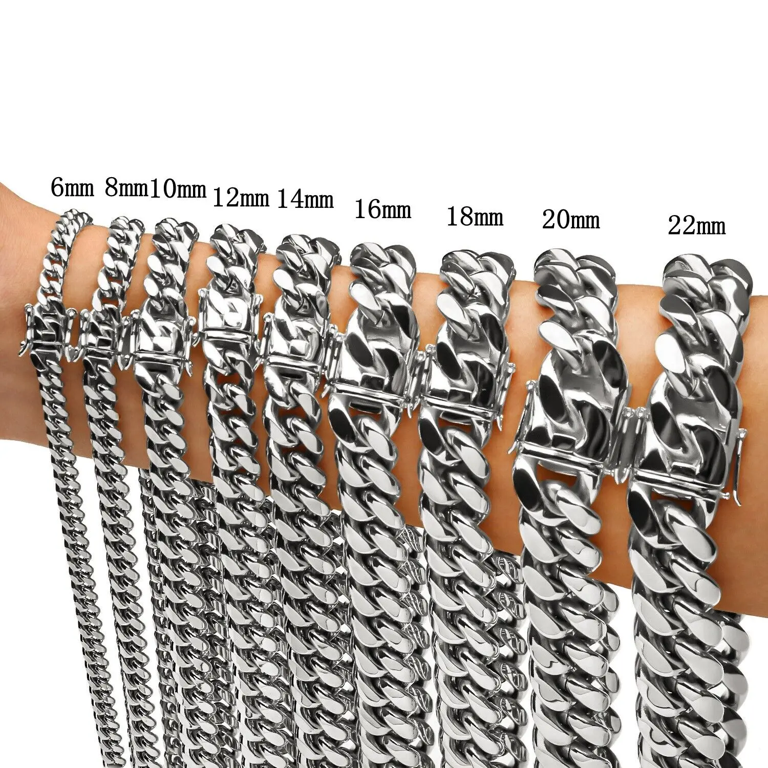 

6mm-18mm Fashion 316L Stainless Steel Hip Hop Jewelry Curb Miami Cuban Link Chain Necklace or Bracelet Gift for Men Women