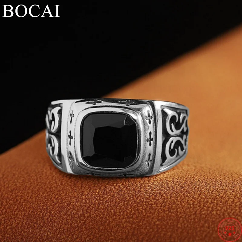 

BOCAI S925 Sterling Silver Rings for Women Men New Fashion Ancient Totem Square Agate Mid East Style Jewelry Free Shipping