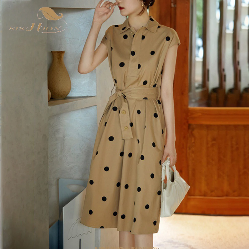 

2023 Summer Cotton Khaki Polka Dot Midi Dress Women Elegant Fashion Sleeveless Lace up Casual Dress Femme Vestidos SR273