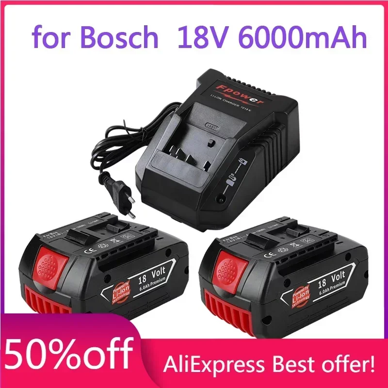 

18V Battery 6.0Ah for Bosch Electric Drill 18V Rechargeable Li-ion Battery BAT609, BAT609G, BAT618, BAT618G, BAT614 + 1Charger