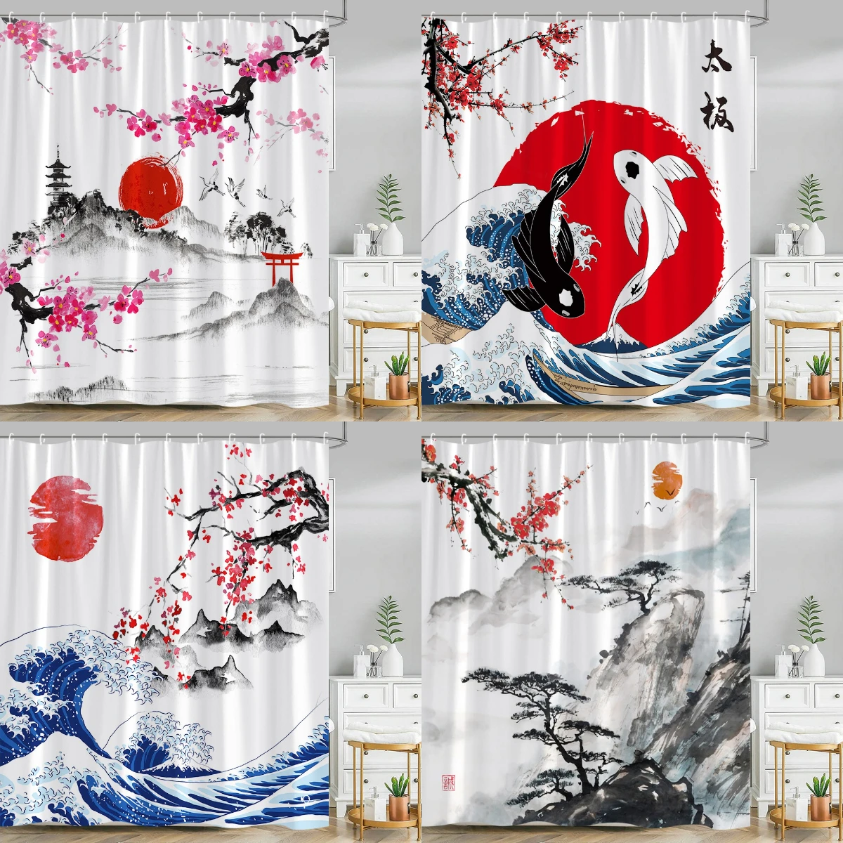 Азиатский пейзаж, занавеска для душа, вишневый цвет, волны, гора, Fuji Sun Octopus Koi, пейзаж, Полиэстеровая ткань, декоративная занавеска для ванной комнаты
Азиатский пейзаж, занавеска для душа, вишневый цвет, волны, гора, Fuji Sun Octopus Koi, пейзаж, Полиэстеровая ткань, декоративная занавеска для ванной комнаты