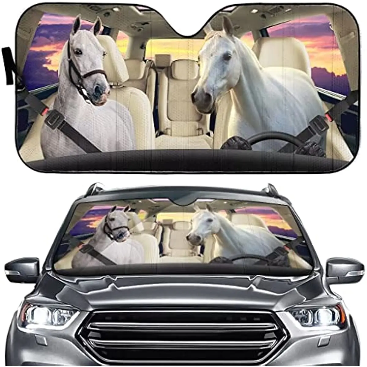 

White Horse Car Window Shades for Front Window Sunshade Funny Windshield Sun Shade Foldable Animal Auto Sunshield Sun Shield Vis