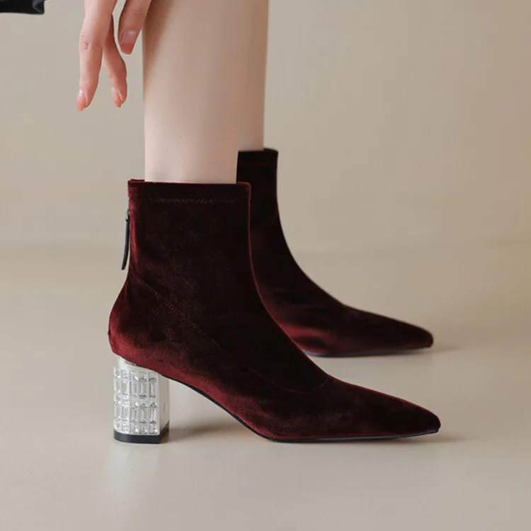 

Luxury Flock Wine Red Women Ankle Boots Sexy Pointed Toe Shallow Autumn Short Botas Crystal Chunky High Heels Botines Femmes2023