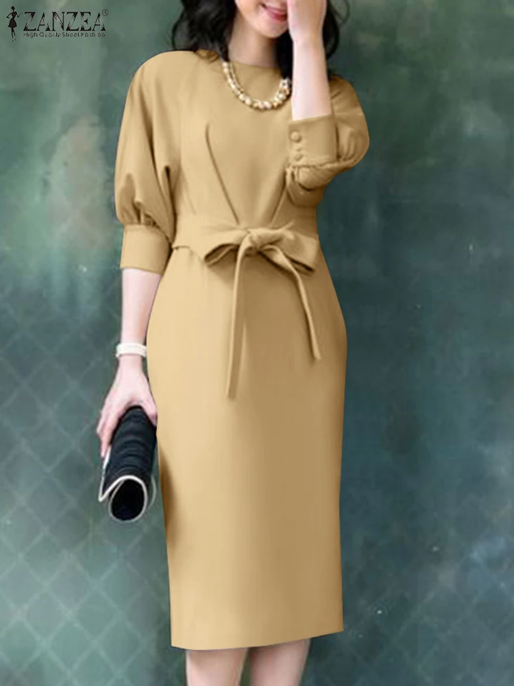 

Платье ZANZEA женское Плиссированное средней длины, модное однотонное платье с бантом на талии, винтажное платье с рукавом «летучая мышь», лето 2024