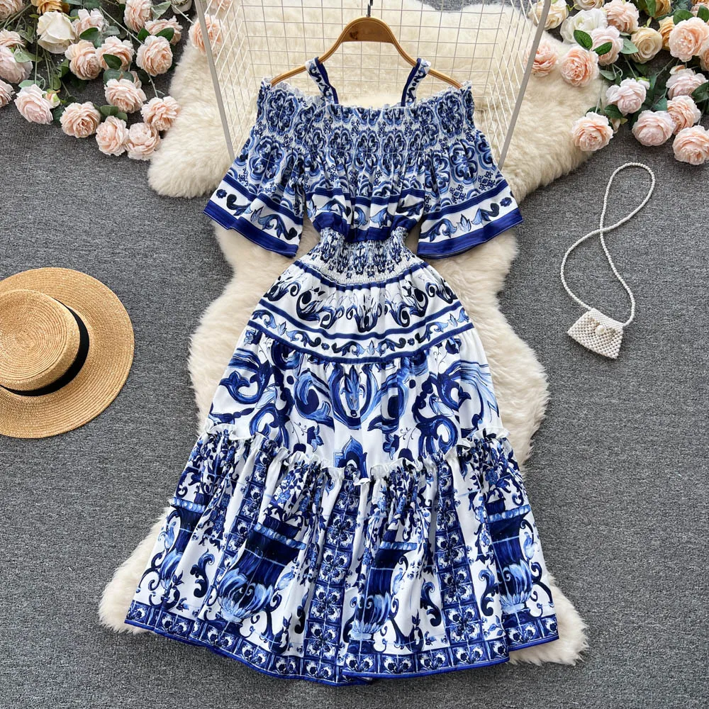 

2024 Summer Runway Print Sunflower Midi Dress Women's Cut Out Off Shoulder Slash Neck Floral Print Holiday Long Sundress