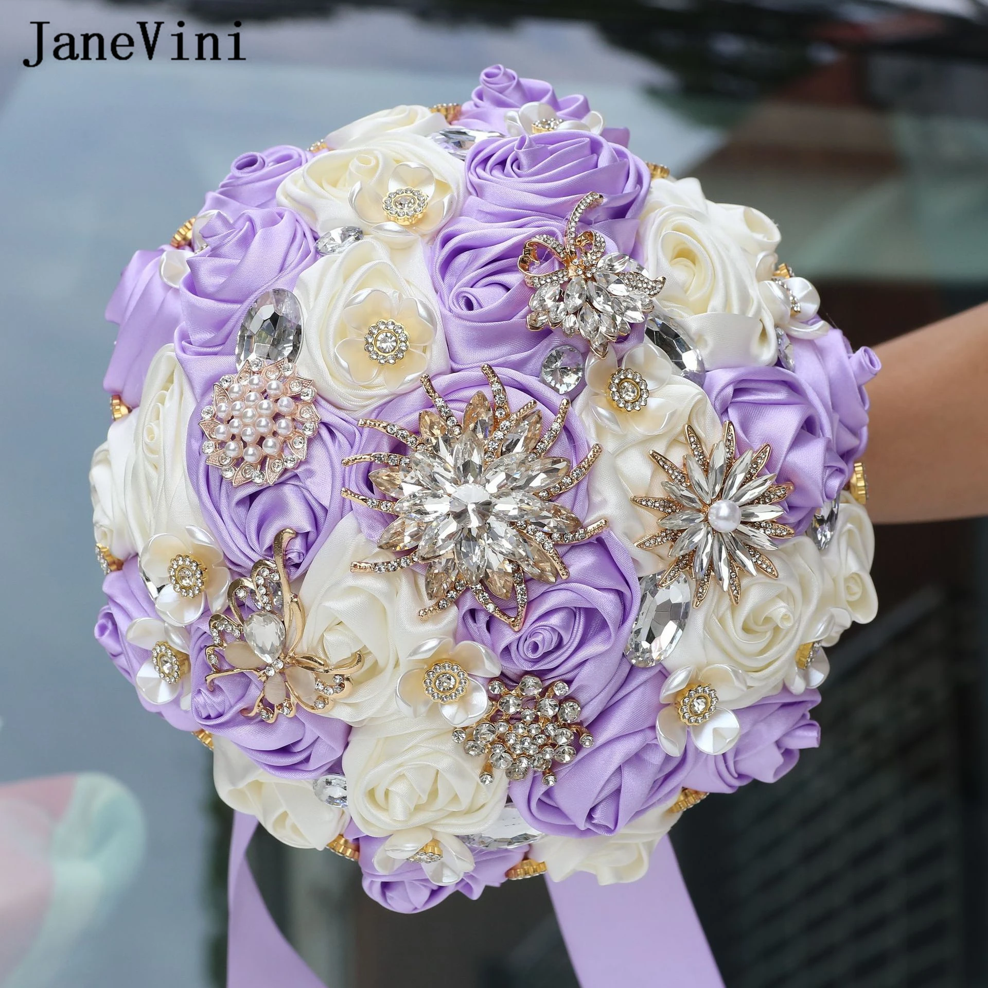 

JaneVini Luxury Purple Ivory Bridal Bouquets Artificial Satin Roses Bride Holding Flowers Jewelry Crystal Wedding Brooch Bouquet