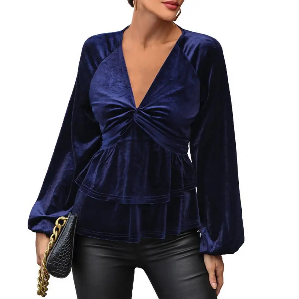 

V-neck Blouse Velvet V Neck Shirt for Women Ruched Bust Slim Waist Long Sleeves Blouse Spring Fall Solid Color Ladies Top Ruched