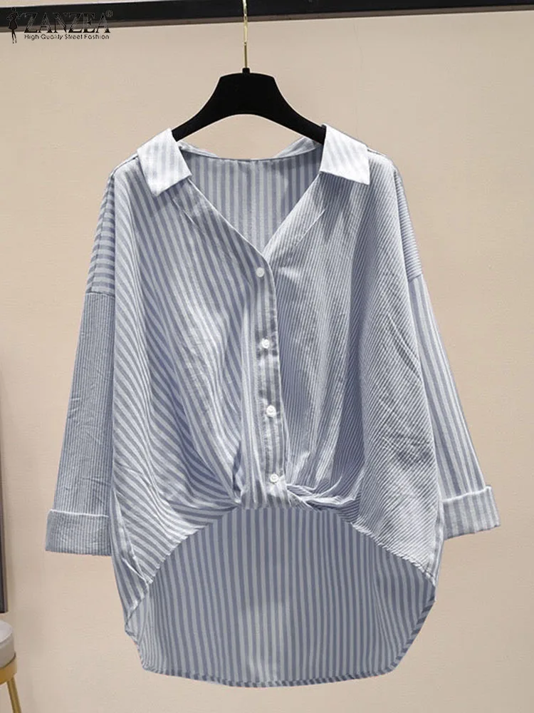 

ZANZEA Fashion Summer Striped Blouse Women V Neck Long Sleeve Shirt Elegant Casual OL Work Tops Asymmetrical Hem Blusas Tunic