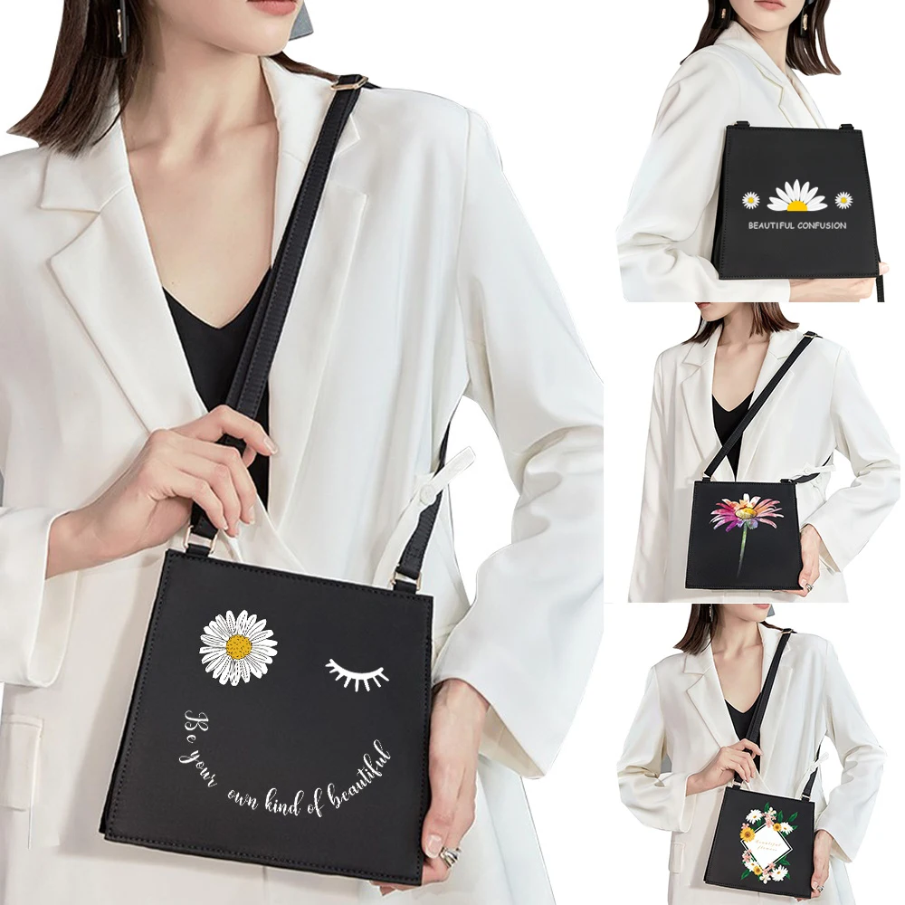 

New Women's Fashion Sweet Style Commuter Bag Shoulder Bag Classic Daisy Pattern Printed Bag Black Square Wild Lady Basic Handbag