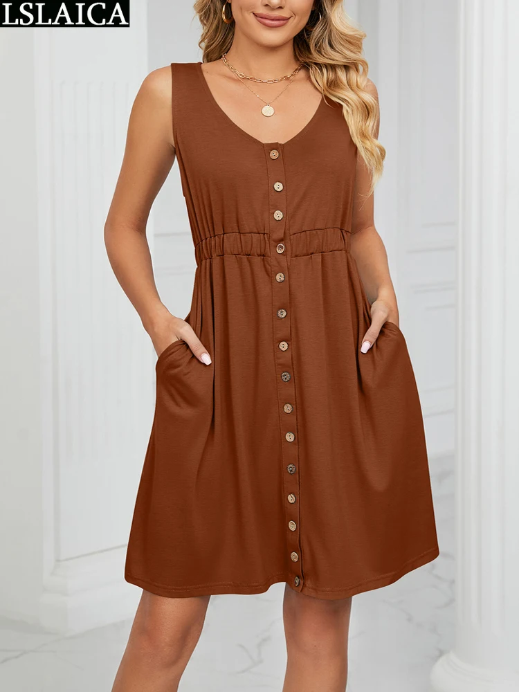 Casual Dresses for Women 2023 Sleeveless Elastic Waist with Pocket Solid Woman Clothes Summer Single-breasted Fashion Mini Dress
Casual Dresses for Women 2023 Sleeveless Elastic Waist with Pocket Solid Woman Clothes Summer Single-breasted Fashion Mini Dress
