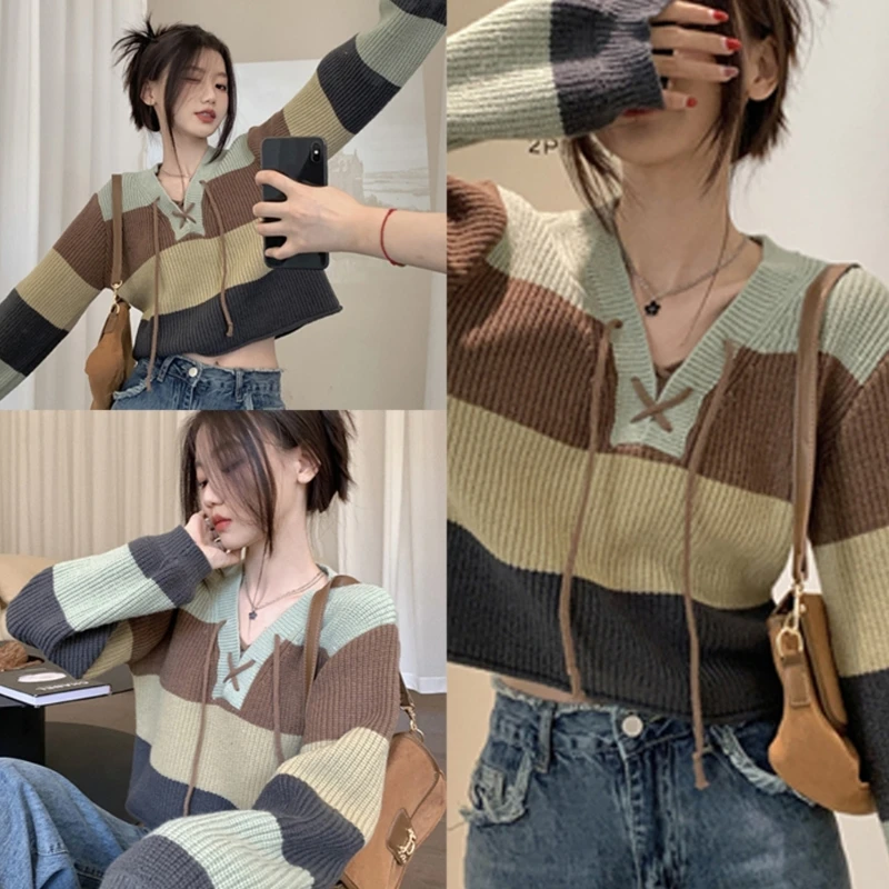 

Womens Lace-Up Drawstring V-Neck Pullover Sweater Long Sleeve Colorblock Striped Knitwear Casual Loose Jumper Crop Top