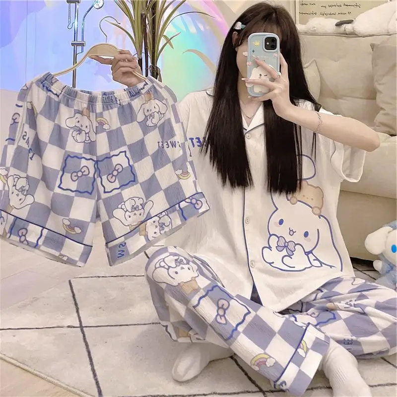 Пижама Hello Kitty Cinnamoroll My melody из трех предметов, женская летняя одежда с короткими рукавами, новый домашний комплект из чистого хлопка
Пижама Hello Kitty Cinnamoroll My melody из трех предметов, женская летняя одежда с короткими рукавами, новый домашний комплект из чистого хлопка