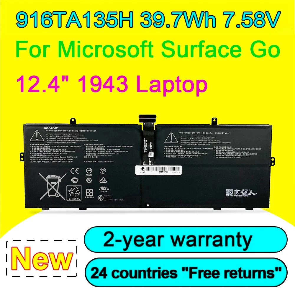 Новый аккумулятор для ноутбука 916TA135H для Microsoft Surface Go 1943 12,4 дюйма, 1 ноутбук 7,58 в, 5235 мАч, Втч, высокое качество
Новый аккумулятор для ноутбука 916TA135H для Microsoft Surface Go 1943 12,4 дюйма, 1 ноутбук 7,58 в, 5235 мАч, Втч, высокое качество