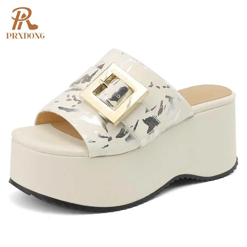 

PRXDONG INS 2024 New Brand Real Cow Leather Wedges High Heels Thick Platform Beige Red Summer Dress Party Casual Lady Sandals 39