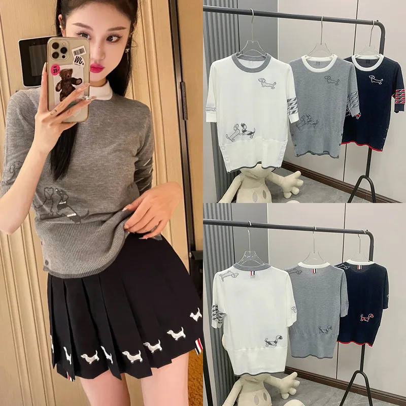 

High Quality TB Four-bar Sweater 2023 Summer New College Style Dog Jacquard Contrast Round Neck Short Sleeve Sweater T-shirt