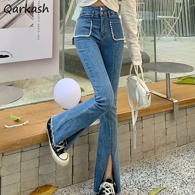 

Washed Jeans Women Pearls Pockets Design Flare Pants Ankle-length High Waist Students Spring All-match New Fashion Slim Young