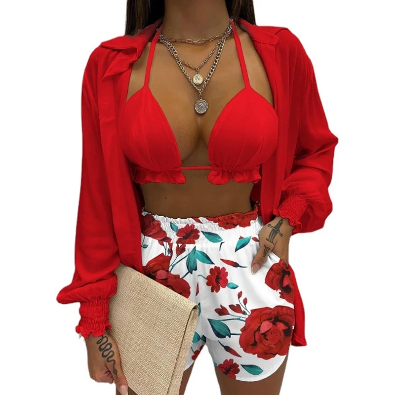 New Fashion Print High Waist Bikini Sets 3 Pieces Womem's Long Sleeve Shirt Crop Tops Loose Shorts Pockets Holiday Beach Suitsu
New Fashion Print High Waist Bikini Sets 3 Pieces Womem's Long Sleeve Shirt Crop Tops Loose Shorts Pockets Holiday Beach Suitsu
