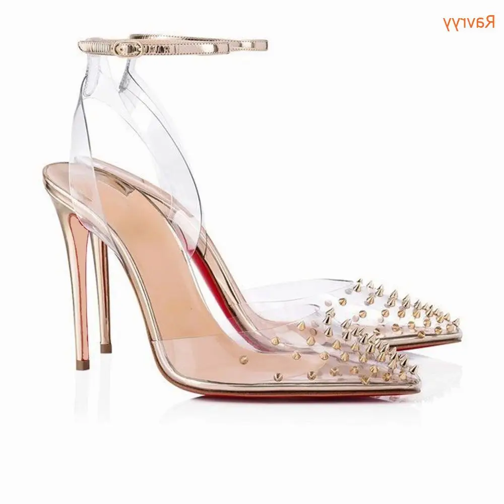 

Women Sexy Summer Sandals PVC Rivet Pointed Toe Shoes 2024 Newest Slingback Shoes Thin Heels Party Ankle Buckle Ladies Sandals