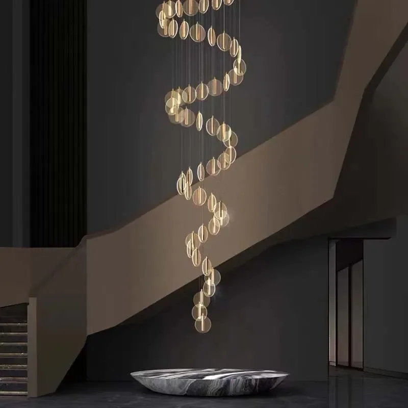 

Modern Rotary Crystal Staircase LED Chandelier Luxury Creative Design Villa Indoor Lighting Fixtures Golden Acrylic Hanging Lamp