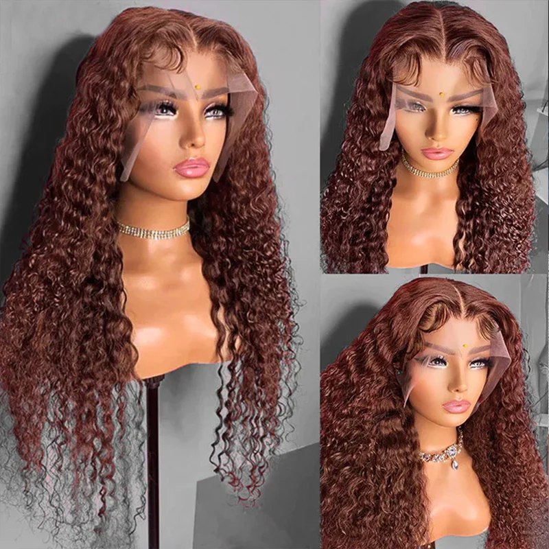 

Reddish Brown Deep Wave Lace Front Wig 250% Density 5x5 HD Closure Wig Water Wave Lace Front Wig Curly Human Hair Wigs For Women