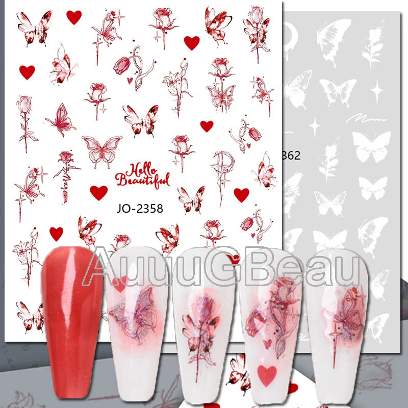 

Nail Art Decals Ink Painting Black Red White Butterflys Roses Stars Back Glue Nail Stickers Decoration For Nail Tips Beauty