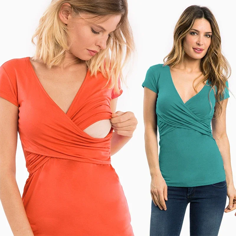 

New Casual Maternity Clothes For Women Breastfeeding Clothing Short Sleeve T-Shirt Striped V-Neck Pregnant Women's Nursing Tops