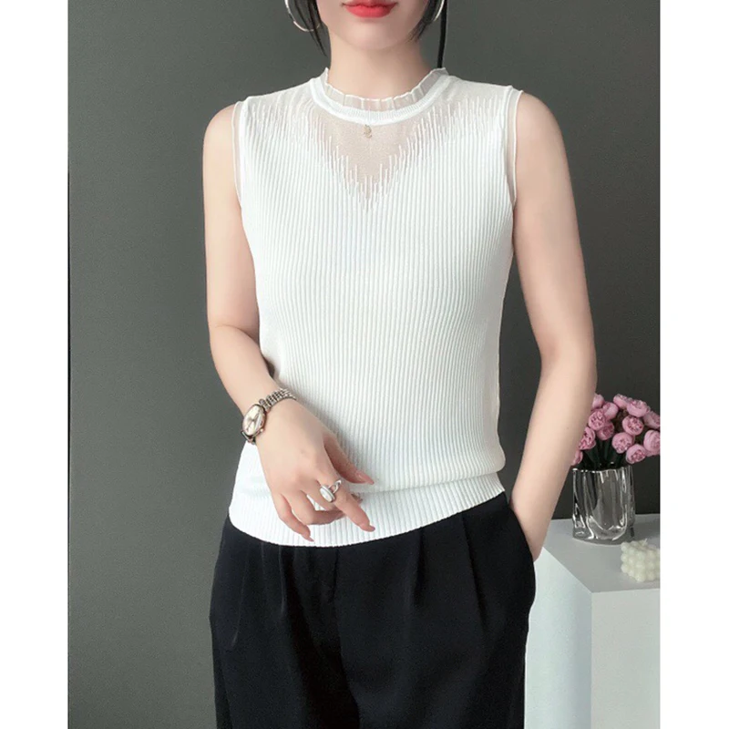 

Женский трикотажный топ без рукавов, летний кружевной топ из вискозы с вырезами и деревянными ушками, корейская модная одежда 2024