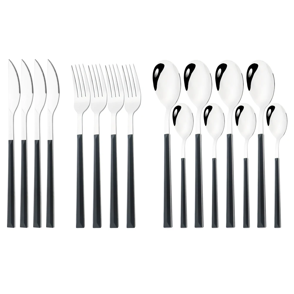 

16Pcs Black Silver Stainless Steel Tableware Set Steak Knife Fork Dessert Spoons Cutlery Wood Handle Dinnerware Kitchen Flatware