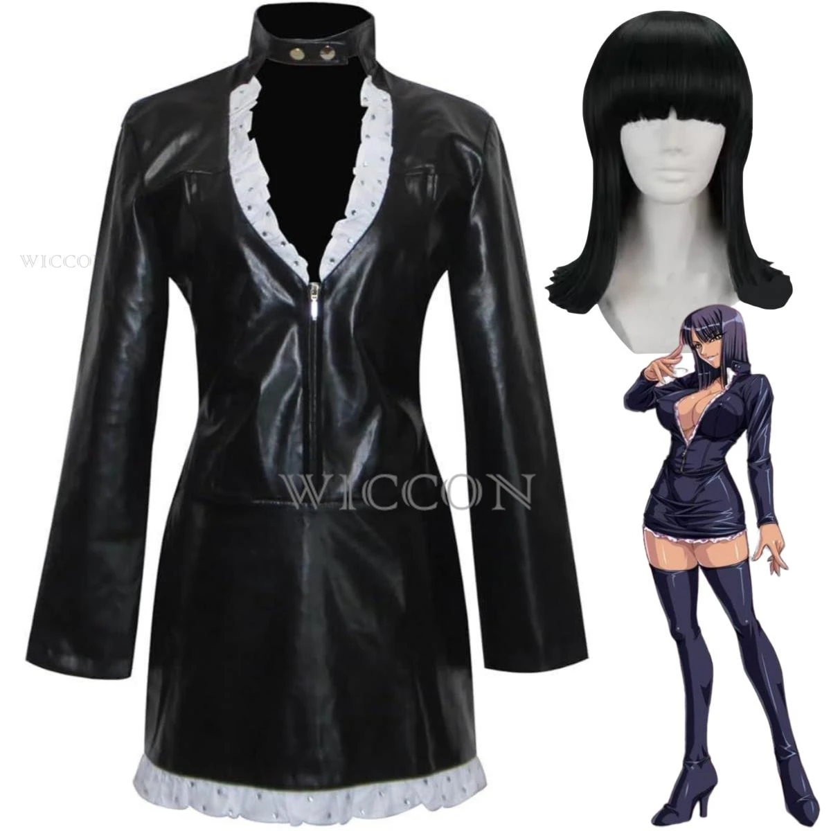 

Anime Nico Robin Cosplay Costume Miss Allsunday Black PU Uniform Dress Adult Woman Sexy Kawaii Carnival Halloween Suit