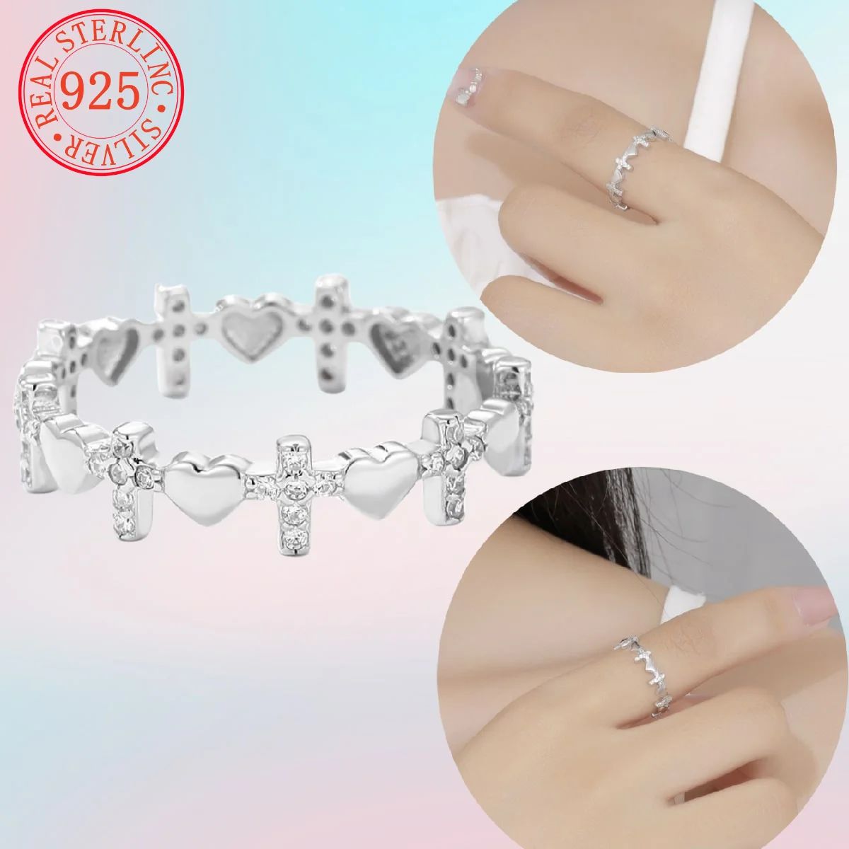 

Fashionable and Charming S925 Sterling Silver Ring with Cross and Heart Design, Inlaid with Sparkling Diamonds Party DailyWear