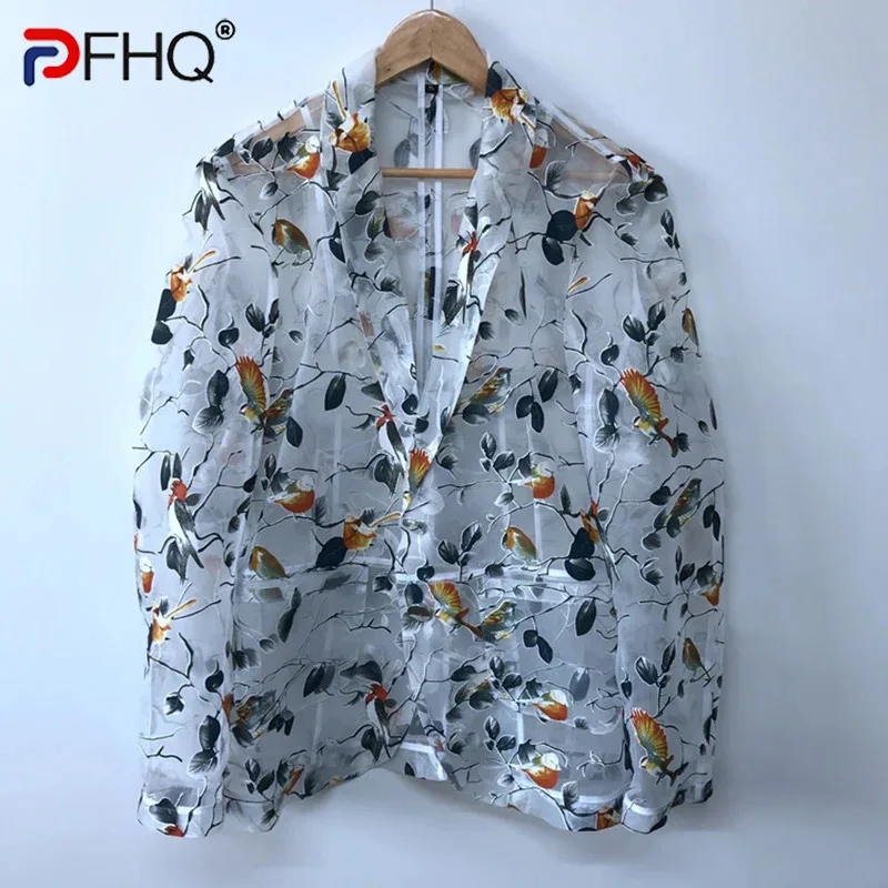 

PFHQ Organza See-through Niche Design Original Men's Long Sleeve Shirts High Quality Elegant Sun Protection Tops Summer 21F1871