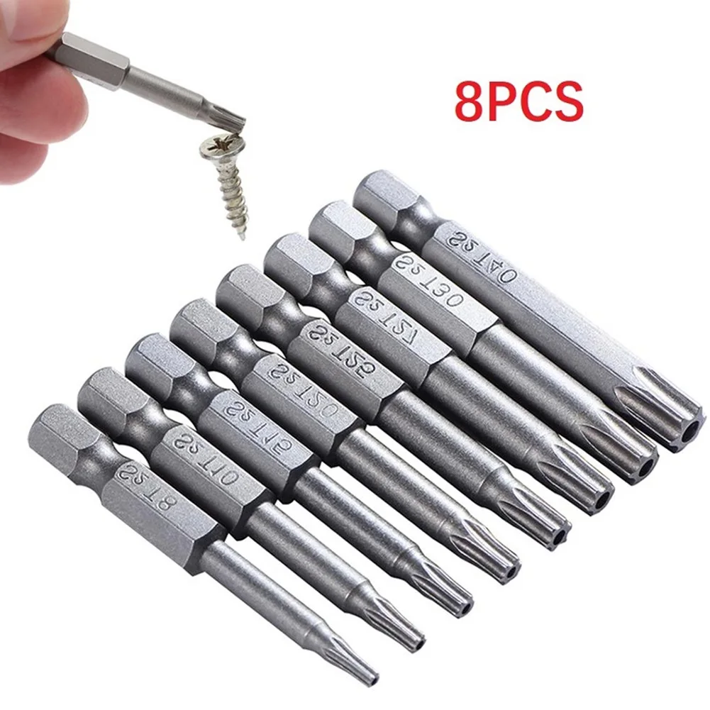 

8pcs T8-T40 Torx Screwdriver Bit Alloy Steel 50mm 1/4" Hexagon Electric Drill Handle Power Tool Spare Parts Accessories Replace