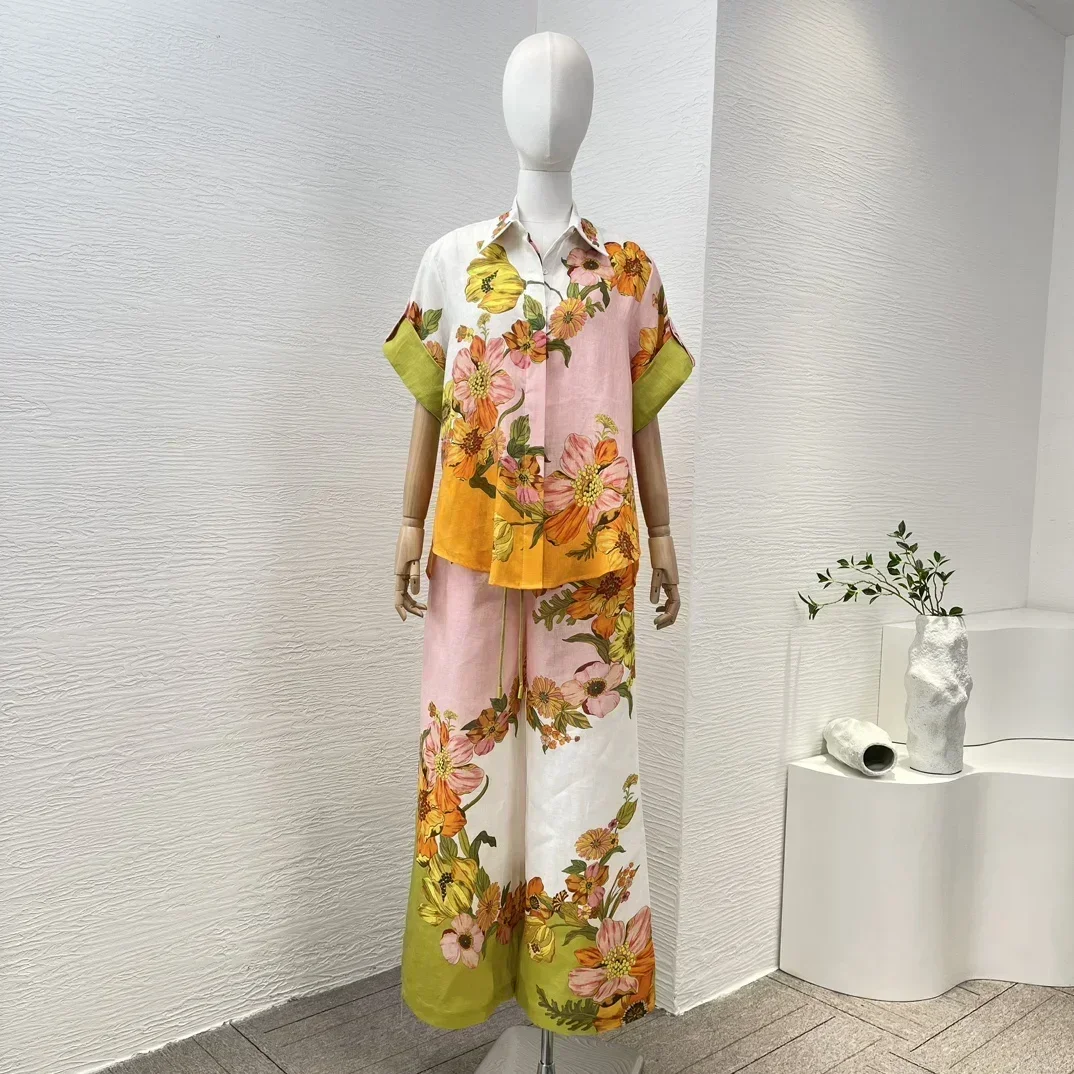 Latest Collection Pink Orange Floral Casual Holiday Loose Blouse Elastic Waist Pants High Quality Matching Set for Women 
Latest Collection Pink Orange Floral Casual Holiday Loose Blouse Elastic Waist Pants High Quality Matching Set for Women