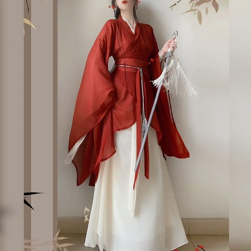 

Стильный ежедневный женский костюм Wei Jin, красное платье в китайском стиле, с длинным рукавом