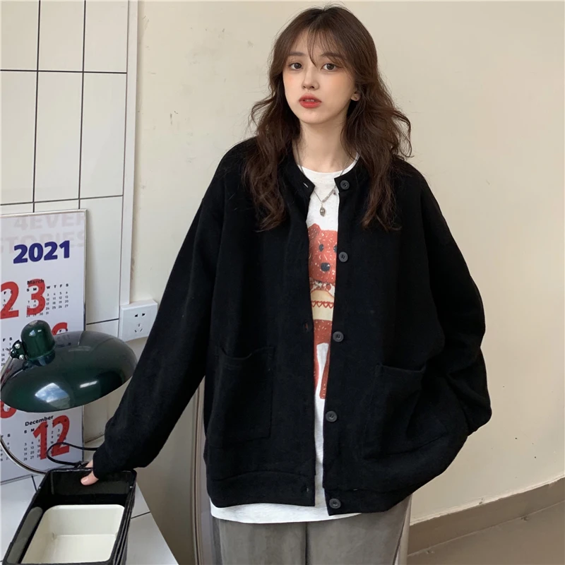 

Однотонный вязаный кардиган MEXZT, женский корейский однобортный свитер, жакеты, осенняя трикотажная одежда с карманами, повседневные Джемперы, верхняя одежда