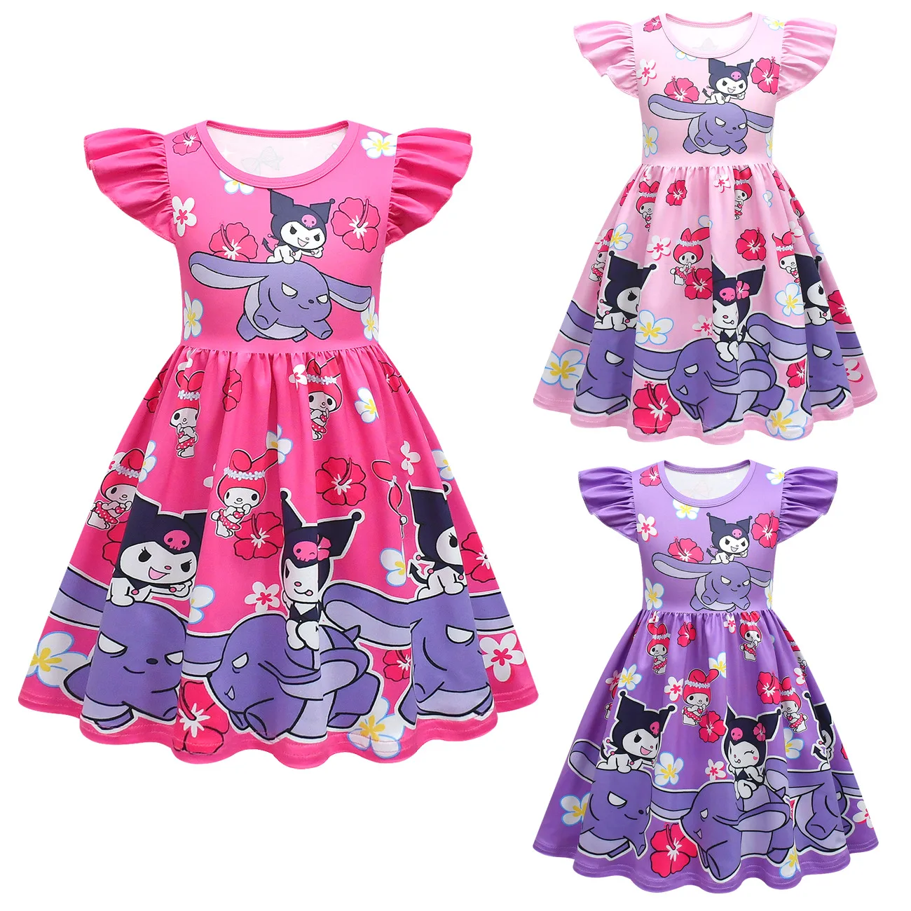 

Милое Платье Kuromi для девочек, Повседневная мультяшная одежда на день рождения, милые детские летние платья с рукавами-фонариками из молочного шелка