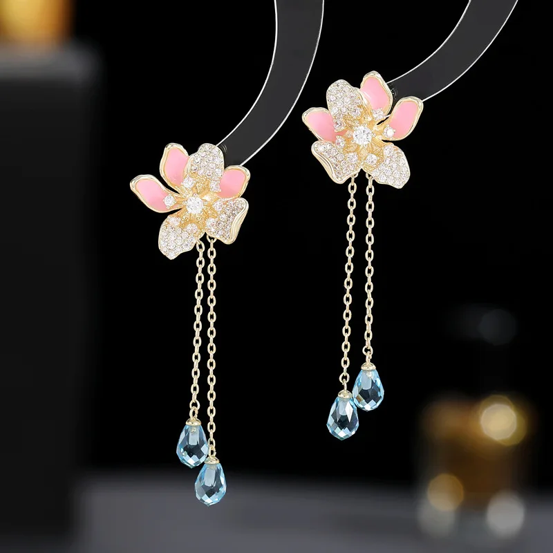 

Micro Pave Cubic Zirconia Flower Tassels Dangle Earrings for Women Sweet Romantic Statement Wedding Jewelry Gold Plated Earings